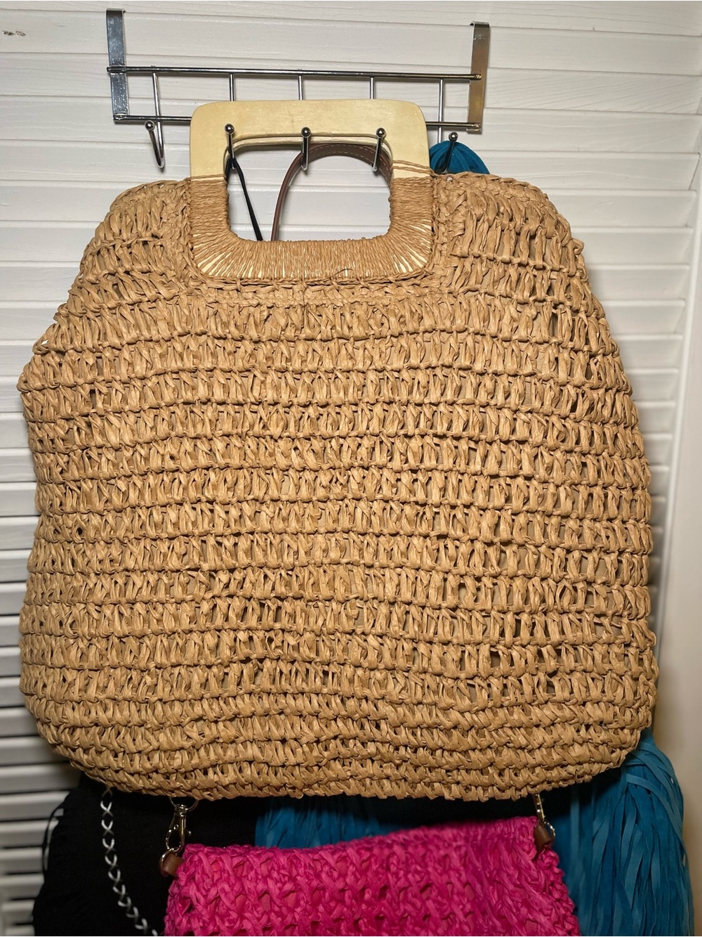 Woven Straw Tote Bag with Wooden Handles
